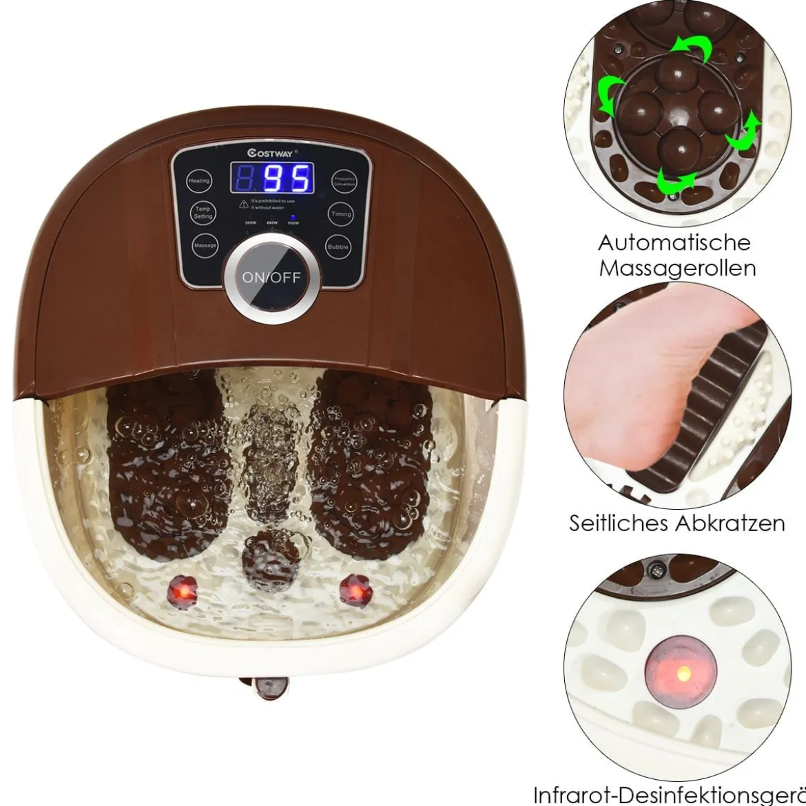 Fußbad Massagegerät mit 16 Shiatsu-Rollen 10-60min Timer / 35-48℃ / 500W Braun
