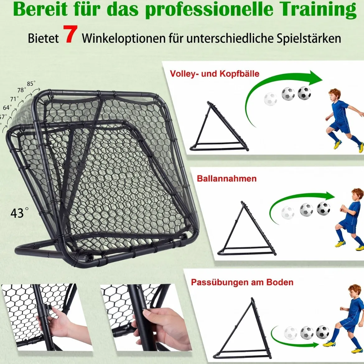 Fußball Rebounder 101 x 101 cm Klappbares Fußballnetz mit 7-stufiger Winkelverstellung