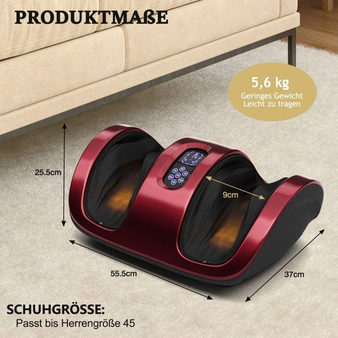 Fußmassagegerät Shiatsu mit 3 Massagemodi für Fuß Bein Wade 55,5 x 37 x 25,5 cm Rot