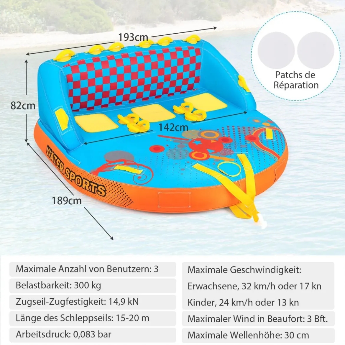 Funtube für 3 Personen Towable Tube zum Sitzen und Knien Formula Tube für Boot
