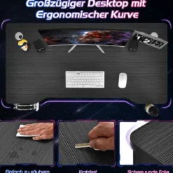 Gaming-Schreibtisch 110 cm K-förmiger Computertisch mit Getränkehalter und Kopfhörerhaken Schwarz