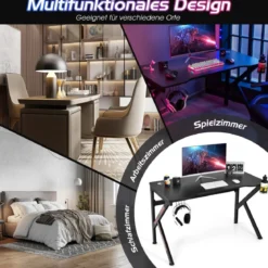 Gaming-Schreibtisch 110 cm K-förmiger Computertisch mit Getränkehalter und Kopfhörerhaken Schwarz