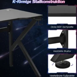 Gaming-Schreibtisch 110 cm K-förmiger Computertisch mit Getränkehalter und Kopfhörerhaken Schwarz