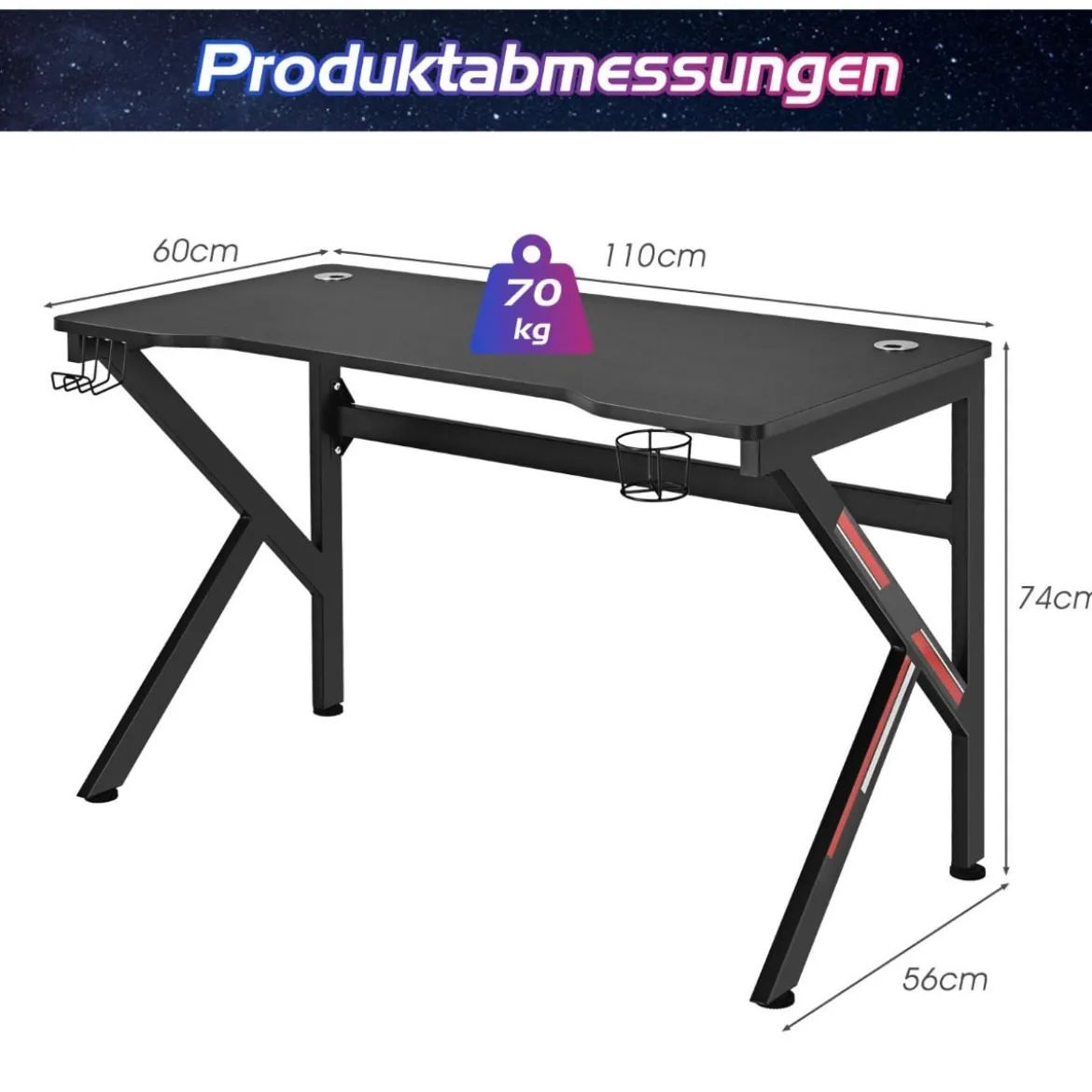 Gaming-Schreibtisch 110 cm K-förmiger Computertisch mit Getränkehalter und Kopfhörerhaken Schwarz
