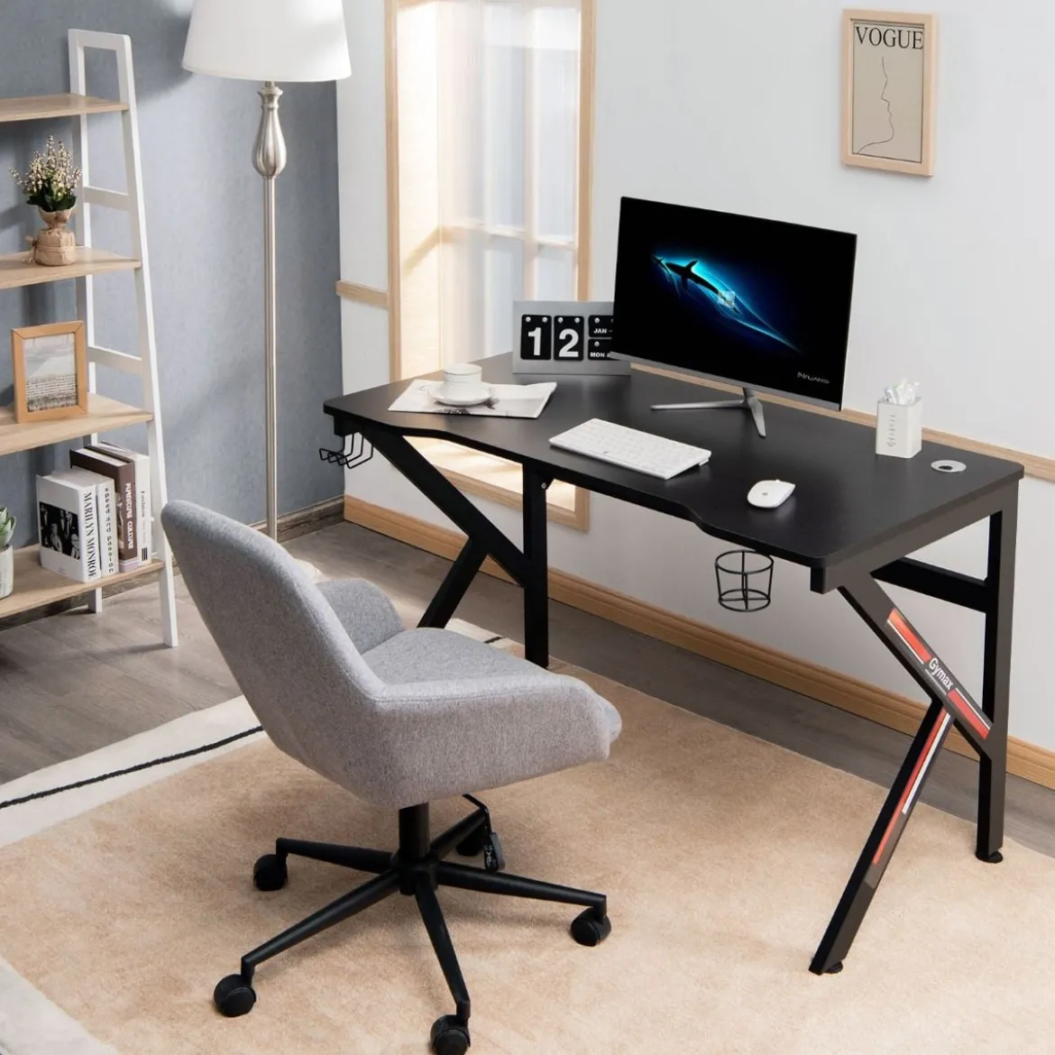 Gaming-Schreibtisch 110 cm K-förmiger Computertisch mit Getränkehalter und Kopfhörerhaken Schwarz
