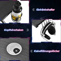 Gaming-Schreibtisch 110 cm K-förmiger Computertisch mit Getränkehalter und Kopfhörerhaken Schwarz