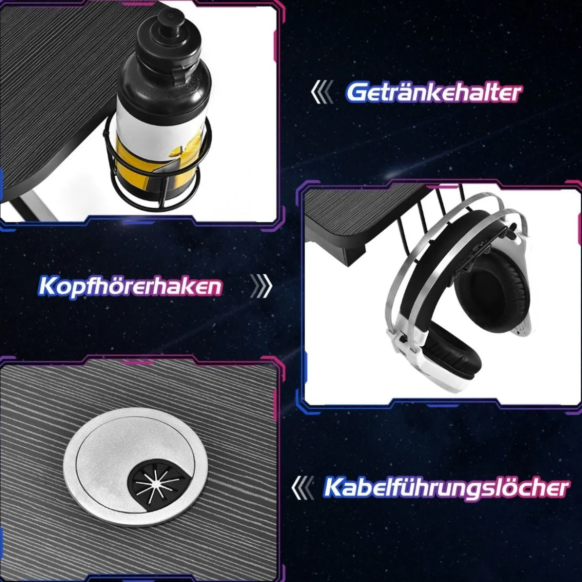 Gaming-Schreibtisch 110 cm K-förmiger Computertisch mit Getränkehalter und Kopfhörerhaken Schwarz