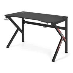 Gaming-Schreibtisch 110 cm K-förmiger Computertisch mit Getränkehalter und Kopfhörerhaken Schwarz