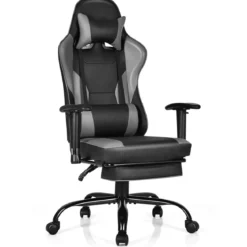 Gaming Stuhl höhenverstellbar Drehstuhl mit gepolsterte hohe Rückenlehne für Büro Schwarz + Grau