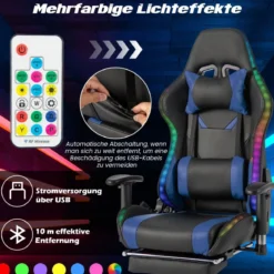 Gaming Stuhl mit RGB-LED-Leuchten & Einziehbarer Fußstütze Ergonomischer Bürostuhl Blau
