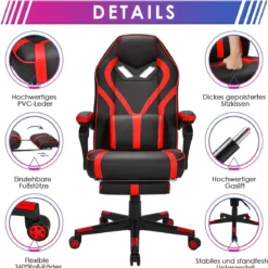 Gaming Stuhl PC-Stuhl Bürostuhl mit Einziehbarer Fußstütze Lendenkissen Rot