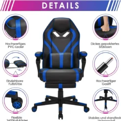 Gaming Stuhl PC-Stuhl Bürostuhl mit Einziehbarer Fußstütze Lendenkissen Blau