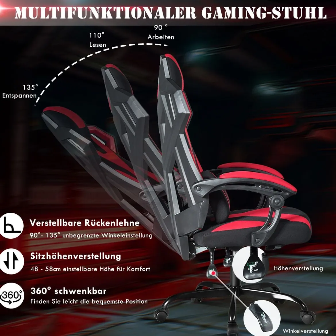 Gaming Stuhl verstellbar Bürostuhl Chefsessel höhenverstellbar Rädern Racingstuhl Rot