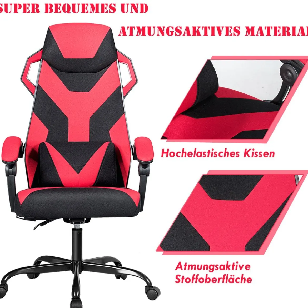 Gaming Stuhl verstellbar Bürostuhl Chefsessel höhenverstellbar Rädern Racingstuhl Rot