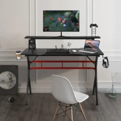Gaming Tisch Computertisch Schreibtisch mit Monitorständer Getränkehalter Kopfhörer schwarz und rot