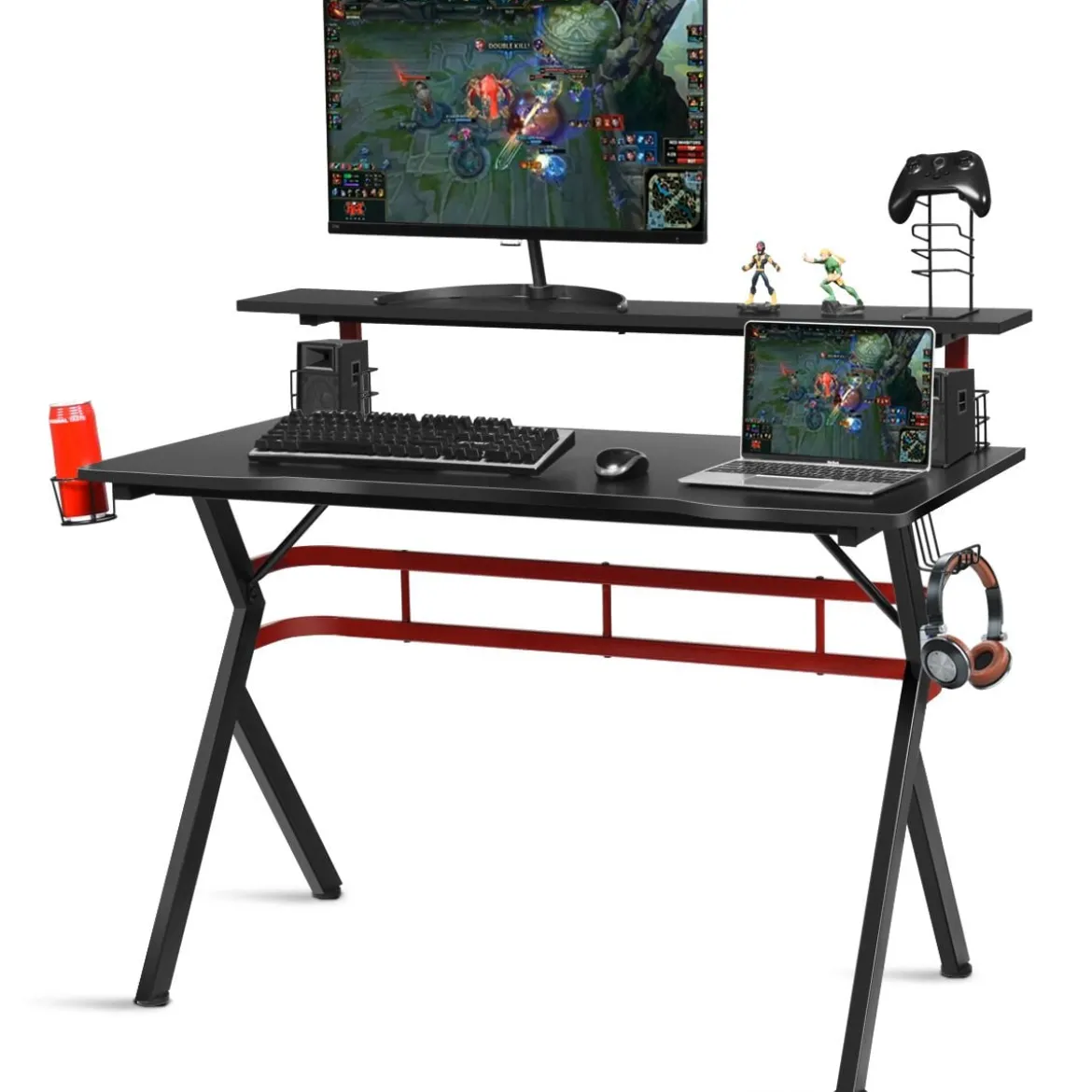 Gaming Tisch Computertisch Schreibtisch mit Monitorständer Getränkehalter Kopfhörer schwarz und rot