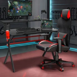 Gaming Tisch Computertisch Schreibtisch mit Monitorständer Getränkehalter Kopfhörer schwarz und rot