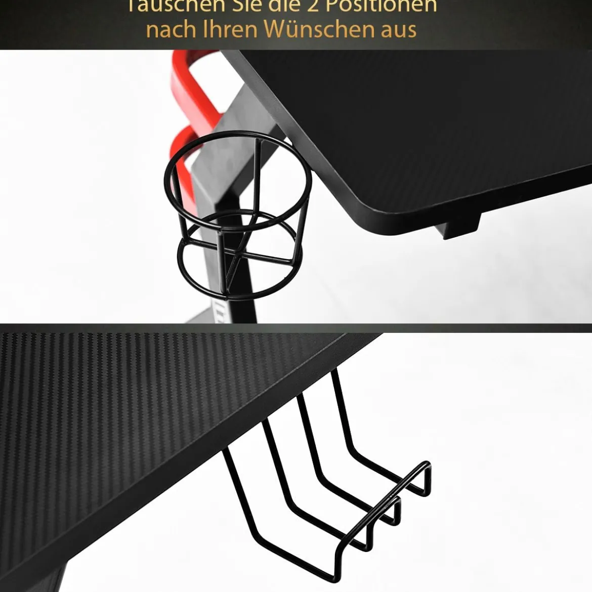 Gaming Tisch Computertisch Schreibtisch mit Monitorständer Getränkehalter Kopfhörer schwarz und rot