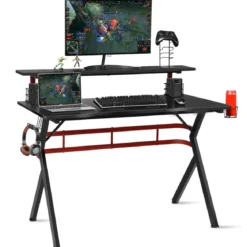 Gaming Tisch Computertisch Schreibtisch mit Monitorständer Getränkehalter Kopfhörer schwarz und rot