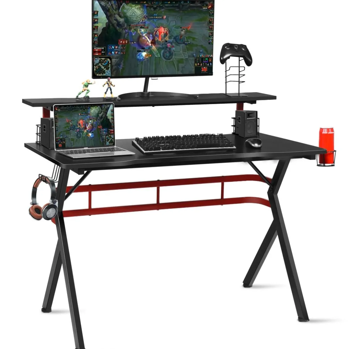 Gaming Tisch Computertisch Schreibtisch mit Monitorständer Getränkehalter Kopfhörer schwarz und rot