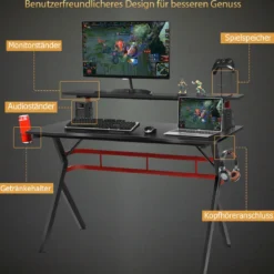 Gaming Tisch Computertisch Schreibtisch mit Monitorständer Getränkehalter Kopfhörer schwarz und rot