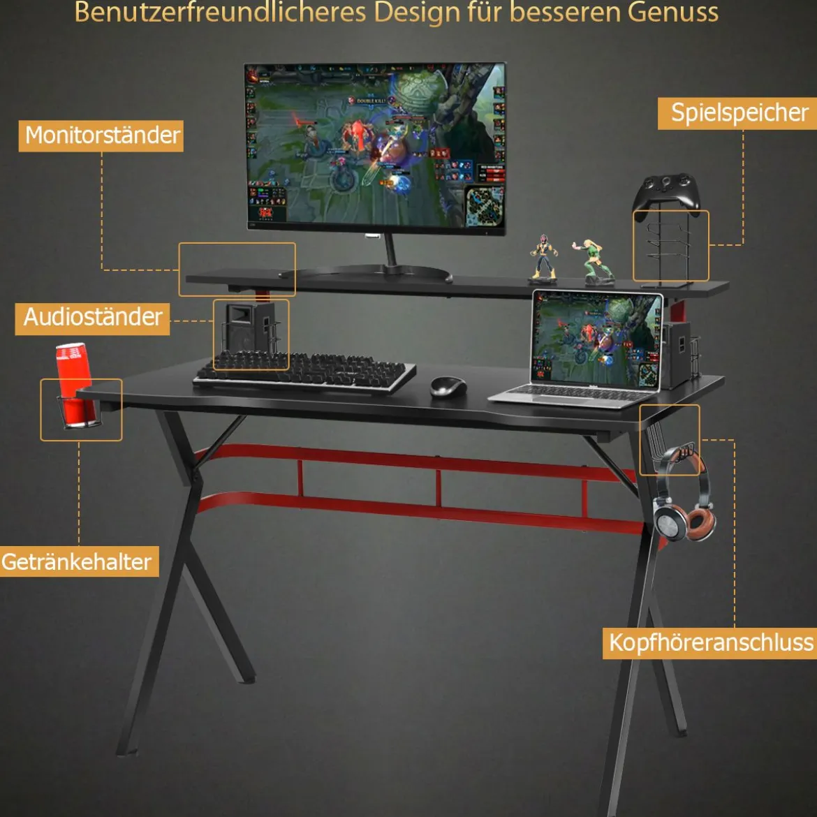 Gaming Tisch Computertisch Schreibtisch mit Monitorständer Getränkehalter Kopfhörer schwarz und rot