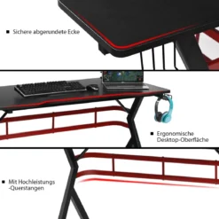 Gaming Tisch Computertisch Schreibtisch mit Monitorständer Getränkehalter Kopfhörer schwarz und rot