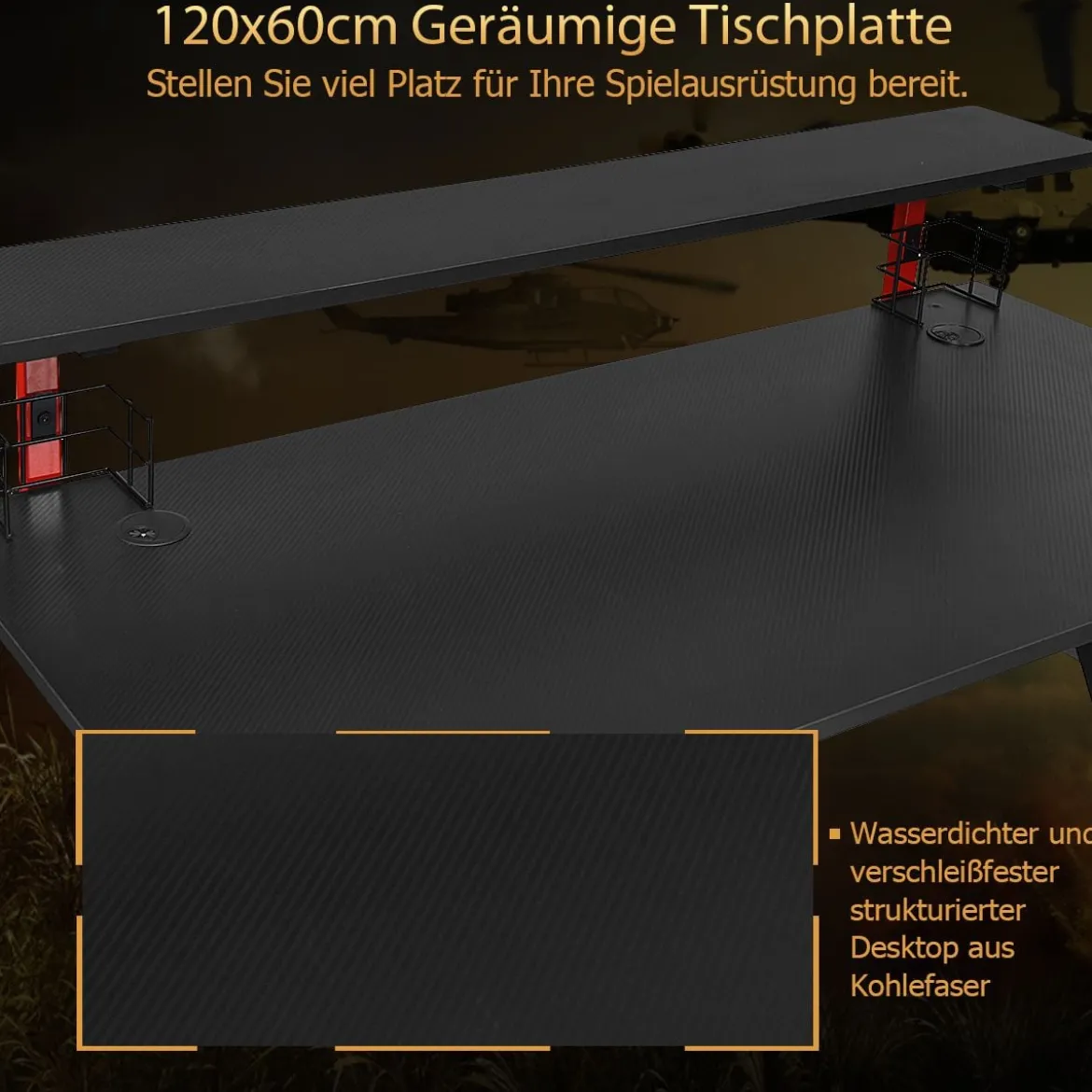 Gaming Tisch Computertisch Schreibtisch mit Monitorständer Getränkehalter Kopfhörer schwarz und rot