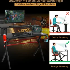 Gaming Tisch Computertisch Schreibtisch mit Monitorständer Getränkehalter Kopfhörer schwarz und rot