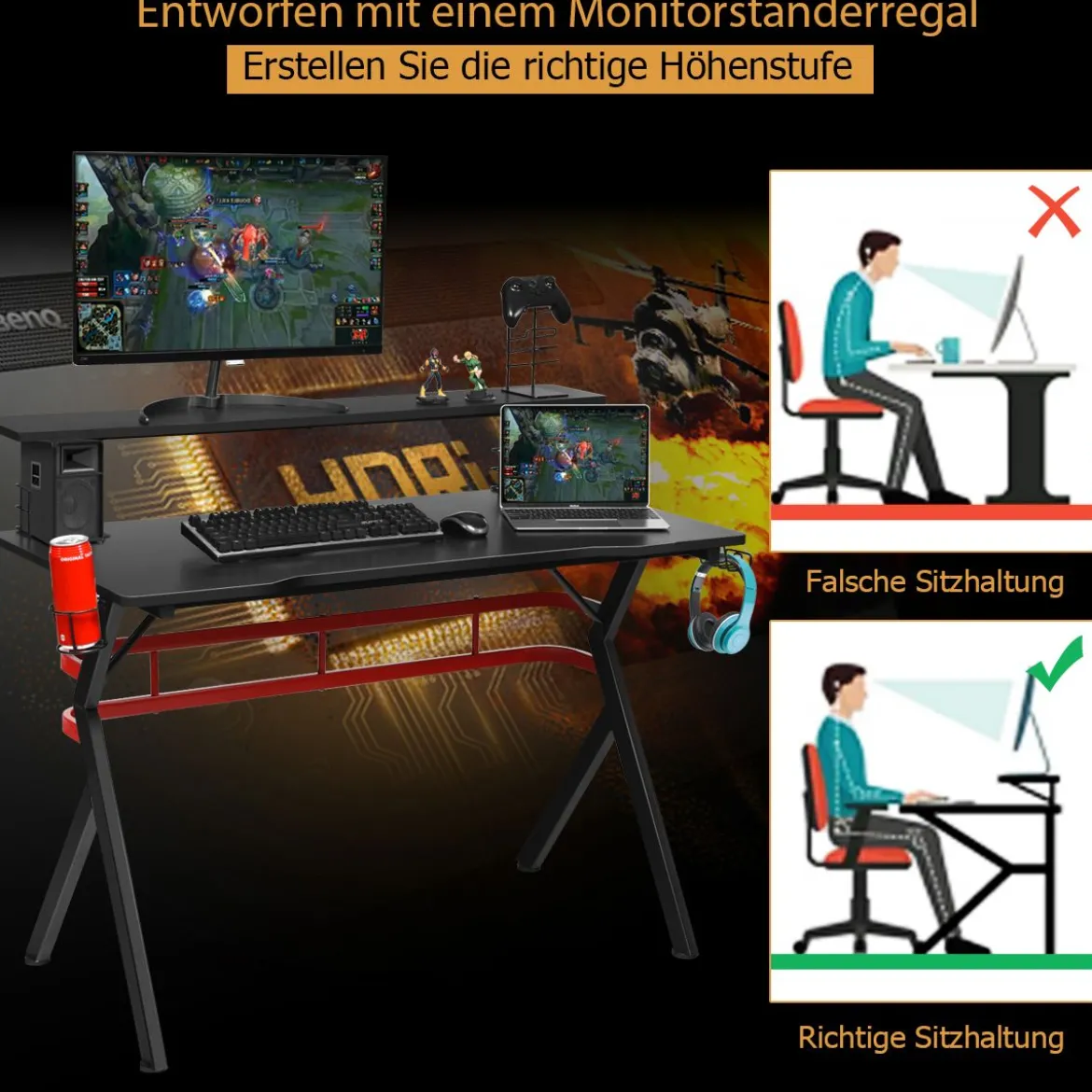 Gaming Tisch Computertisch Schreibtisch mit Monitorständer Getränkehalter Kopfhörer schwarz und rot
