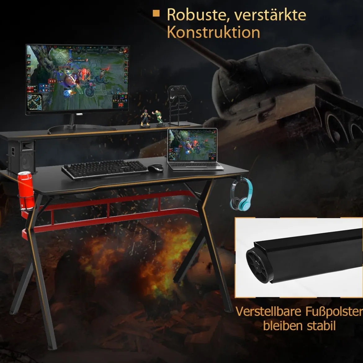 Gaming Tisch Computertisch Schreibtisch mit Monitorständer Getränkehalter Kopfhörer schwarz und rot