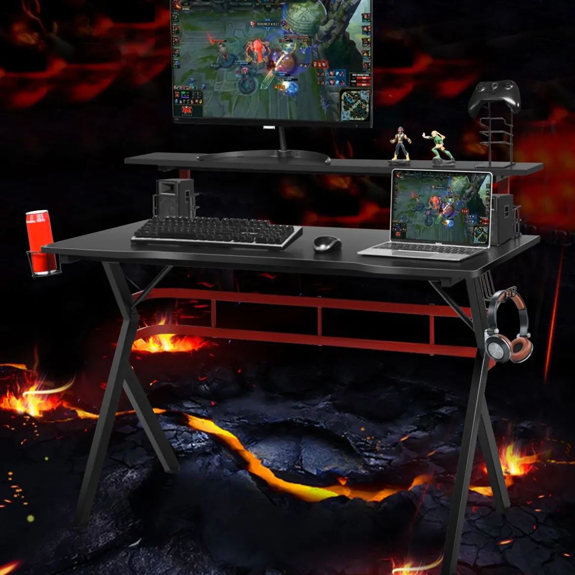 Gaming Tisch Computertisch Schreibtisch mit Monitorständer Getränkehalter Kopfhörer schwarz und rot