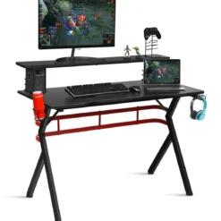 Gaming Tisch Computertisch Schreibtisch mit Monitorständer Getränkehalter Kopfhörer schwarz und rot
