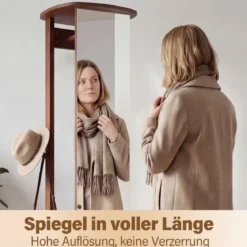Ganzkörperspiegel mit Ständer drehbarer Garderobenständer mit Ankleidespiegel Walnuss (2 Kleiderstangen)