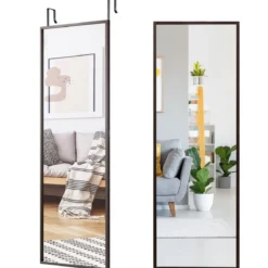 Ganzkörperspiegel Wandspiegel mit Höhenverstellbaren Hängehaken 36,5 x 1,5 x 107 cm Braun