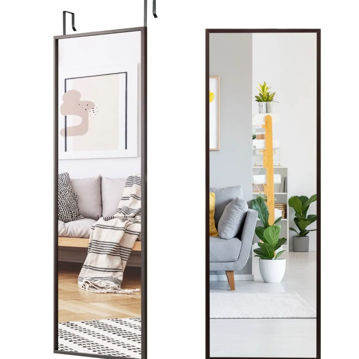 Ganzkörperspiegel Wandspiegel mit Höhenverstellbaren Hängehaken 36,5 x 1,5 x 107 cm Braun