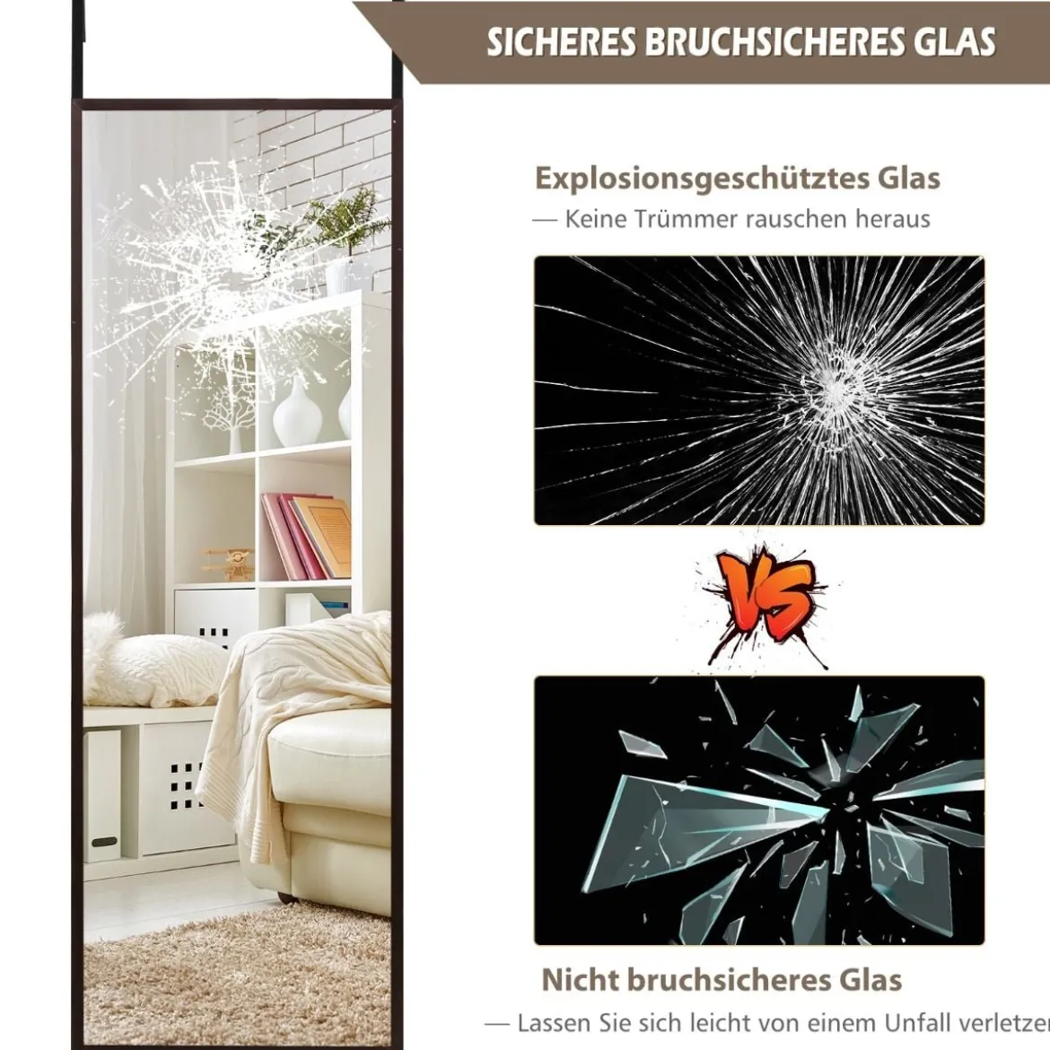 Ganzkörperspiegel Wandspiegel mit Höhenverstellbaren Hängehaken 36,5 x 1,5 x 107 cm Braun