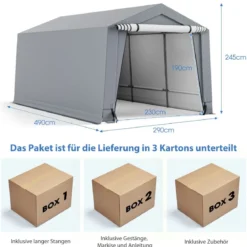 Garagenzelt 290 x 490 cm Großer Carport Zeltgarage mit Türen Autounterstand für SUV Boot Grau