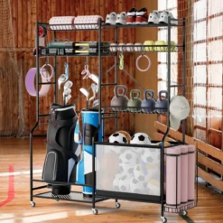 Garage Organizer Für Sportgeräte mit 5 Verstellbaren Regalen & Ballkorb & Seitlichen Haken Schwarz