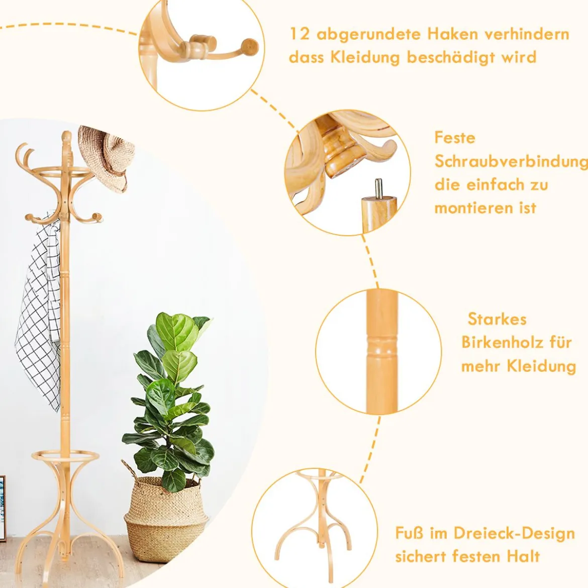 Garderobenständer Kleiderständer Garderobe mit 12 Haken Braun/Schwarz/Natur/Weiß