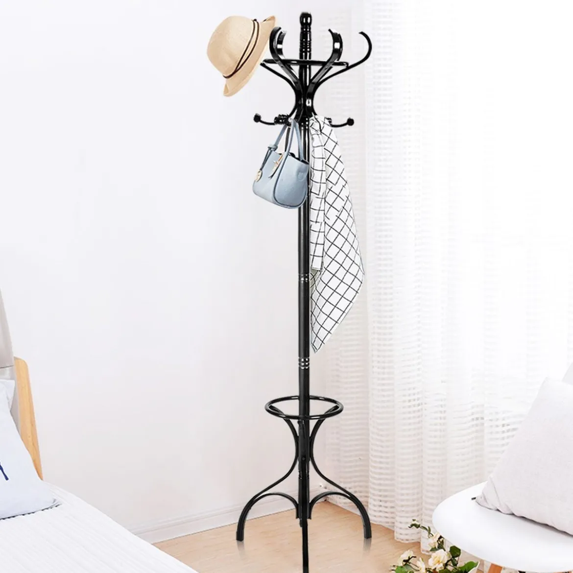 Garderobenständer Kleiderständer Garderobe mit 12 Haken Braun/Schwarz/Natur/Weiß