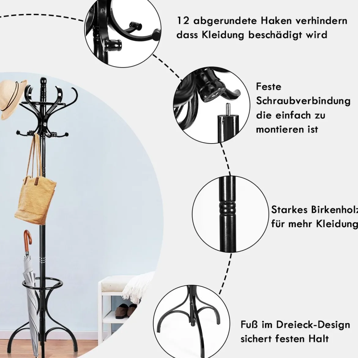 Garderobenständer Kleiderständer Garderobe mit 12 Haken Braun/Schwarz/Natur/Weiß