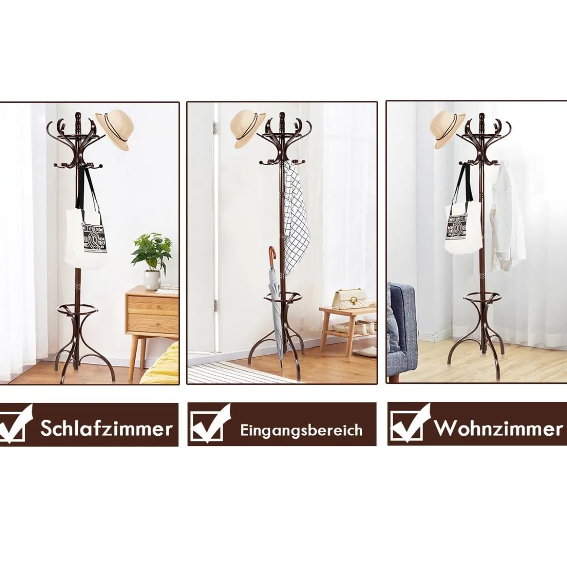 Garderobenständer Kleiderständer Garderobe mit 12 Haken Braun/Schwarz/Natur/Weiß
