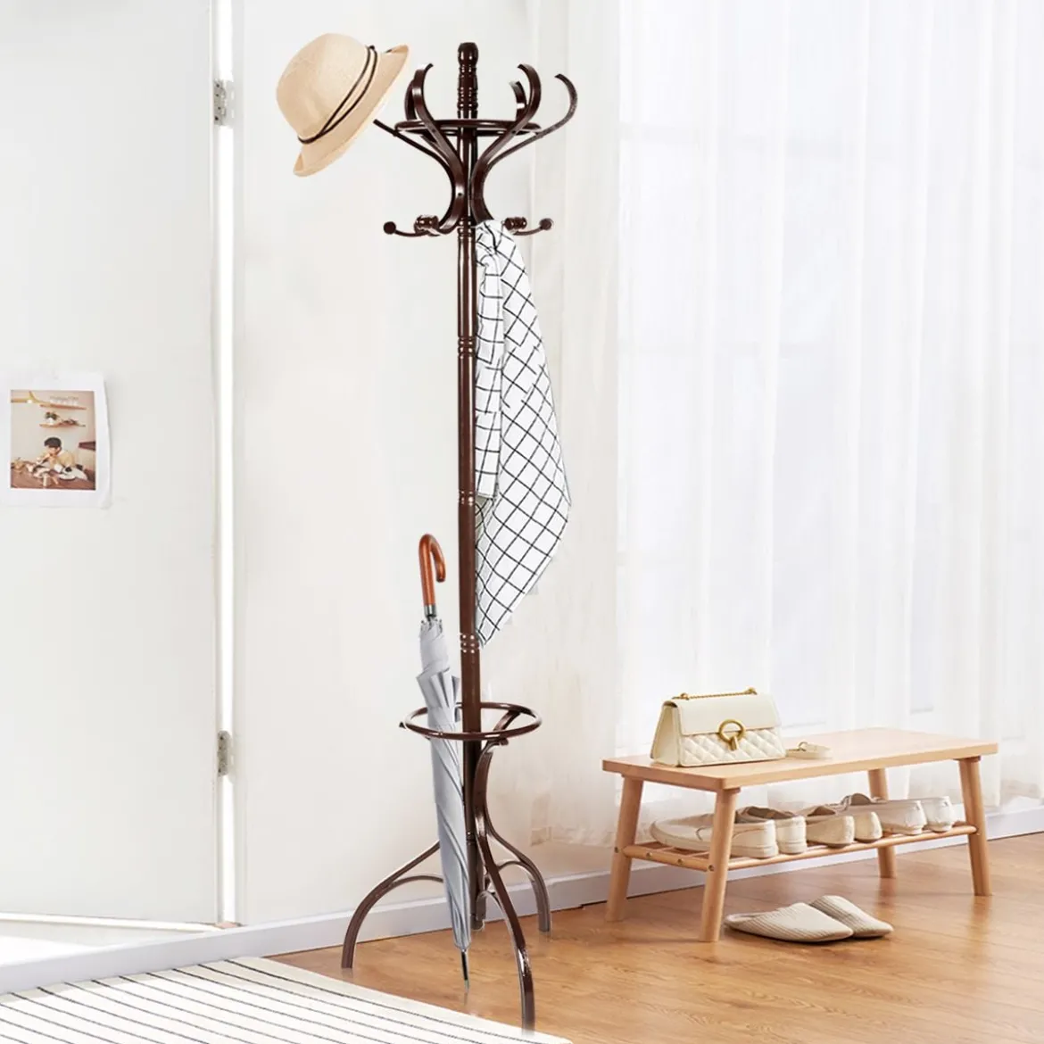Garderobenständer Kleiderständer Garderobe mit 12 Haken Braun/Schwarz/Natur/Weiß