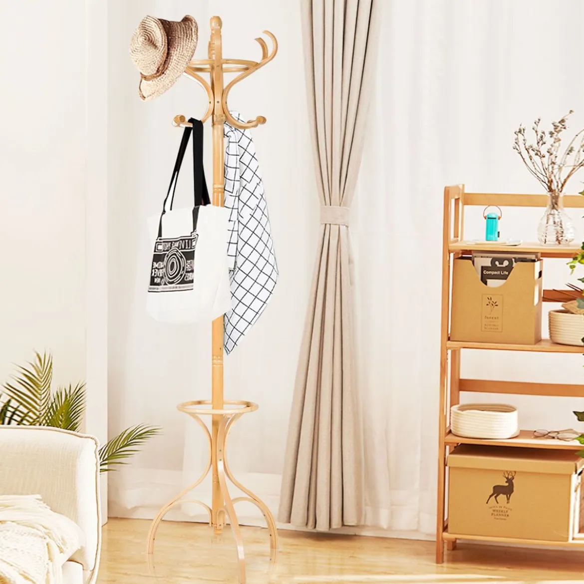 Garderobenständer Kleiderständer Garderobe mit 12 Haken Braun/Schwarz/Natur/Weiß