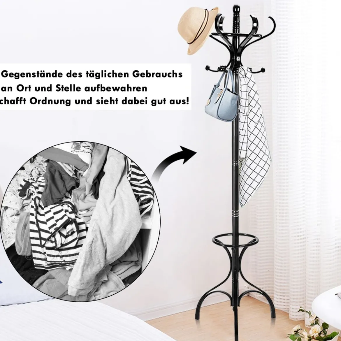 Garderobenständer Kleiderständer Garderobe mit 12 Haken Braun/Schwarz/Natur/Weiß