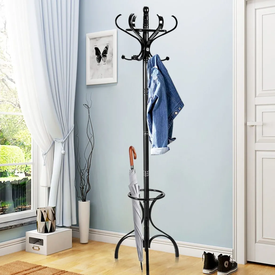 Garderobenständer Kleiderständer Garderobe mit 12 Haken Braun/Schwarz/Natur/Weiß