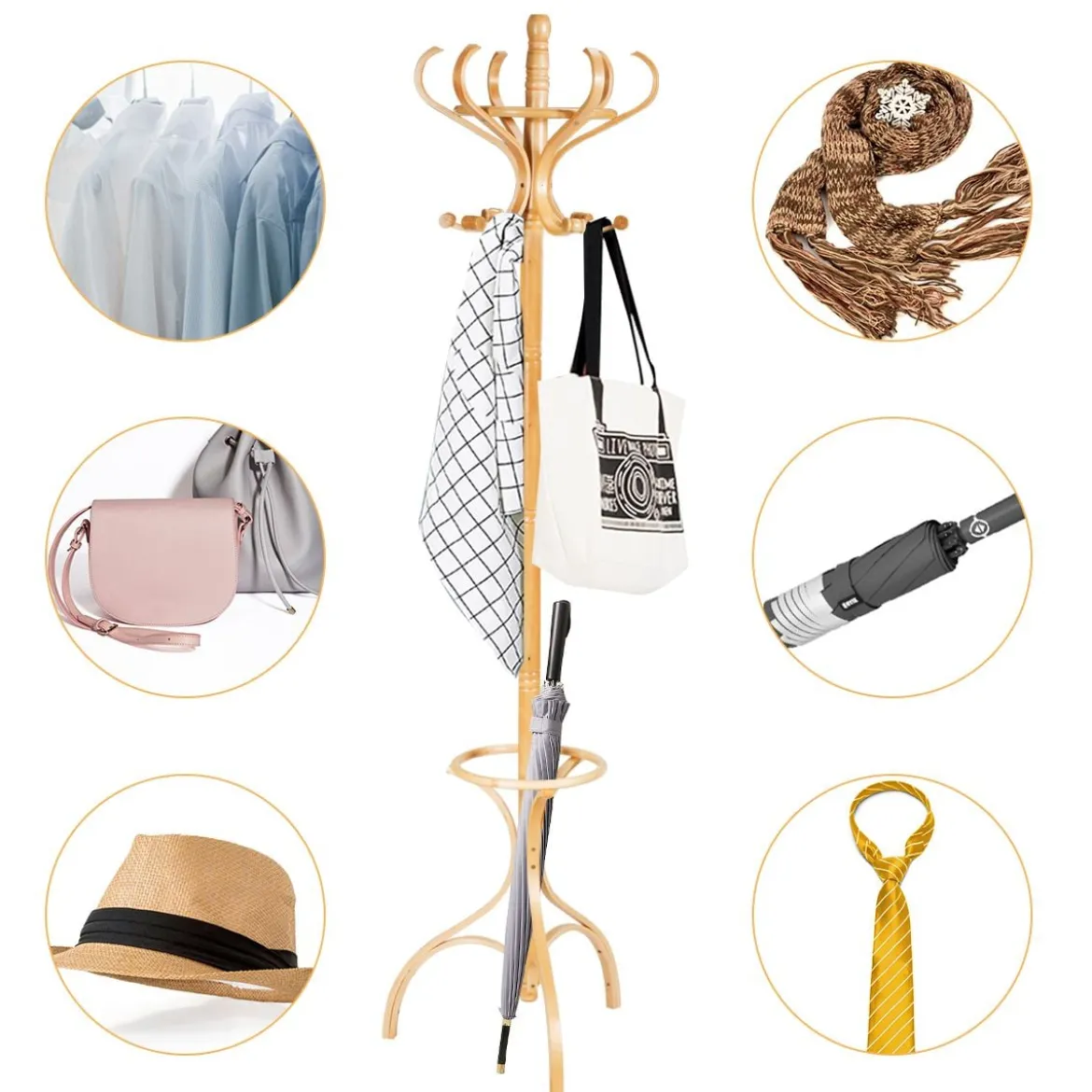 Garderobenständer Kleiderständer Garderobe mit 12 Haken Braun/Schwarz/Natur/Weiß