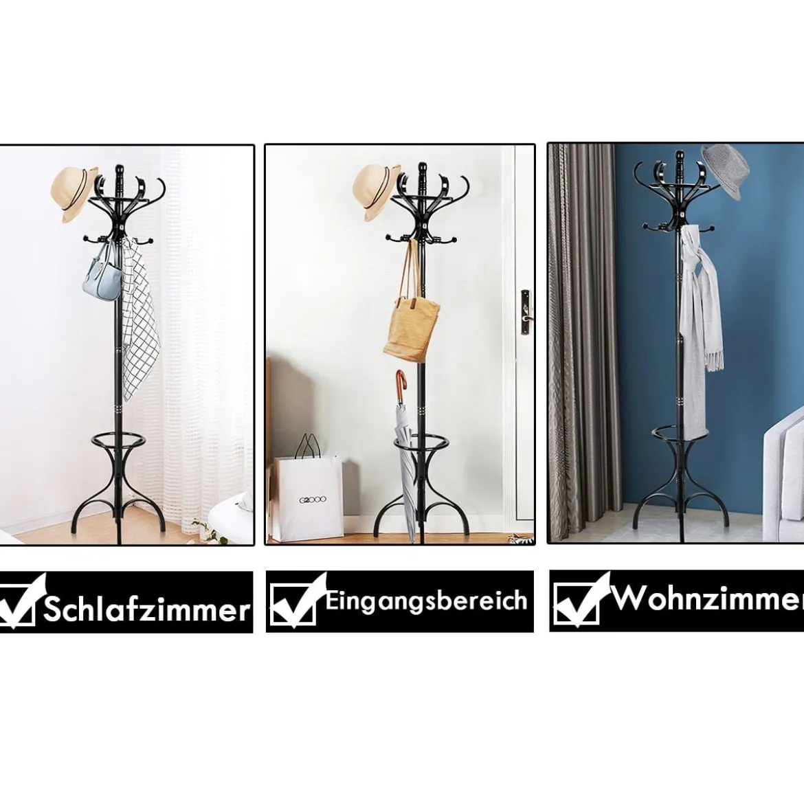 Garderobenständer Kleiderständer Garderobe mit 12 Haken Braun/Schwarz/Natur/Weiß