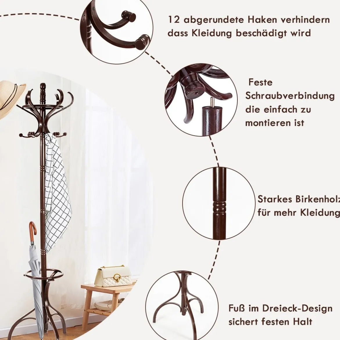 Garderobenständer Kleiderständer Garderobe mit 12 Haken Braun/Schwarz/Natur/Weiß